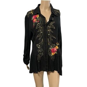 Studio X  womens sz L beaded embroidered floral peplum shirt black roll …